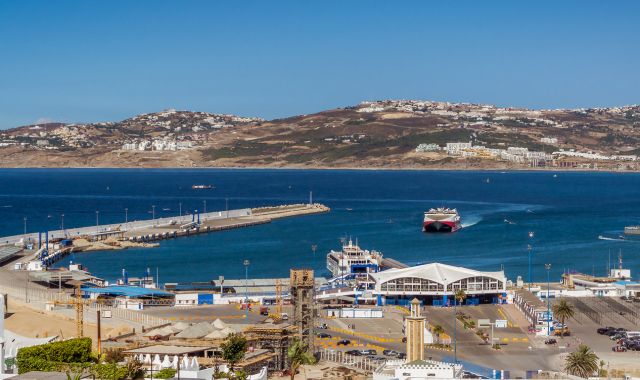 View of ferry arriving at the port of Tangier, Morocco