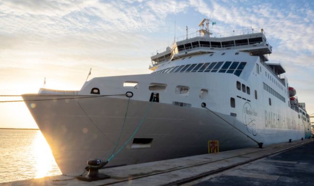 View of Balearia ship docked at port