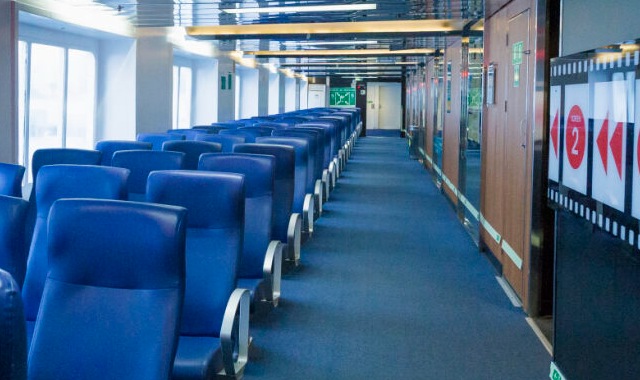 Interior seating area of the Poeta López Anglada ferry operated by Baleària