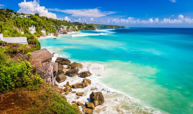 Panoramic view of clifffside beach in Bali, Indonesia