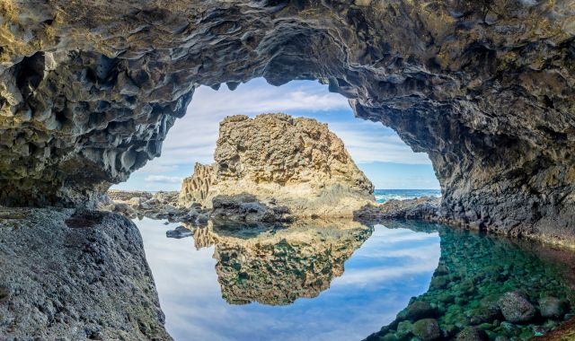 Volcanic cavern at Charco Azul beach in El Hierro, Canary Islands, Spain