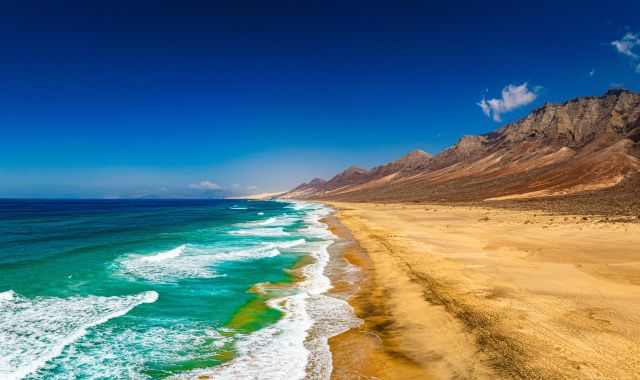 Panoramic view of Cofete beach on Fuerteventura, Canary Islands, Spain