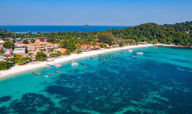 Aerial view of Pattaya Beach, with white sand and turquoise waters, in Thailand
