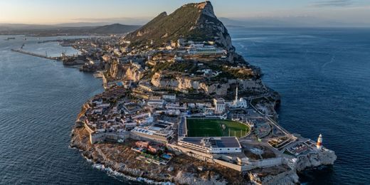 Aerial panoramic view of Gibraltar’s coastline at sunset in summer