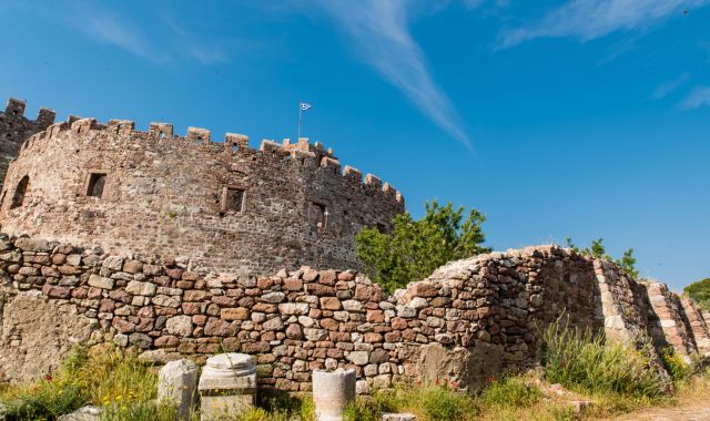 View of walls at the Castle of Mytilene, Greece