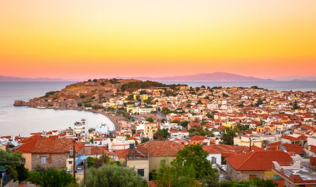 Panoramic view of Mytilene town during sunset