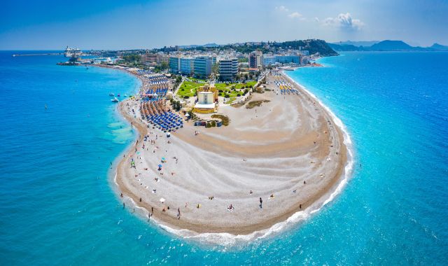 Aerial view of Elli Beach in Rhodes, Dodecanese, Greece
