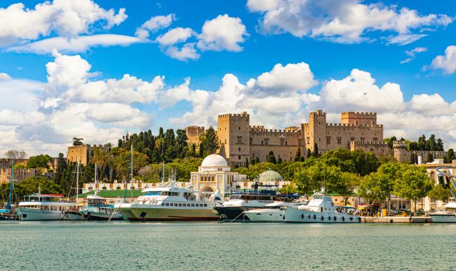 View of the port of Mandraki in Rhodes, Dodecanese, Greece