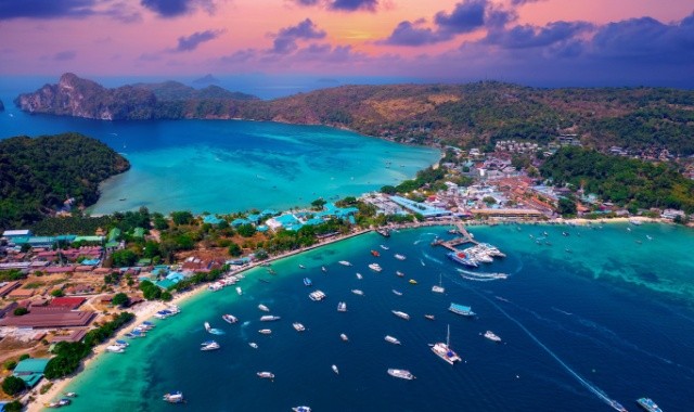 Aerial view of Phi Phi islands during sunset, Thailand