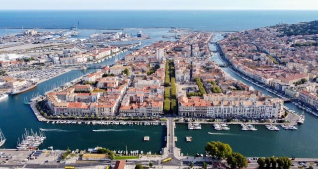 Two islands surrounded by canals and the port in the city of Calais, southern France