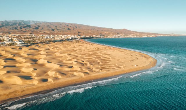 Aerial view of Maspalomas dunes on Gran Canaria, Canary Islands, Spain