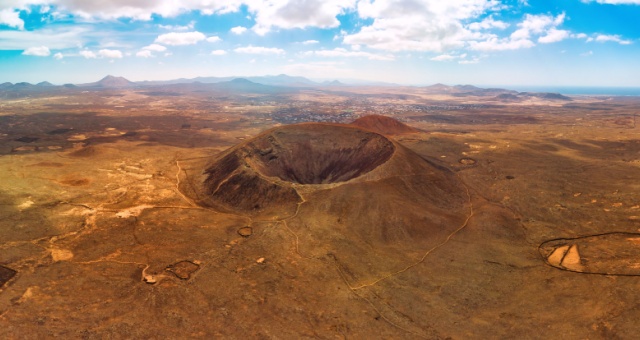 Panoramic view of Calderon Hondo volcanic crater in Fuerteventura, Canary Islands, Spain