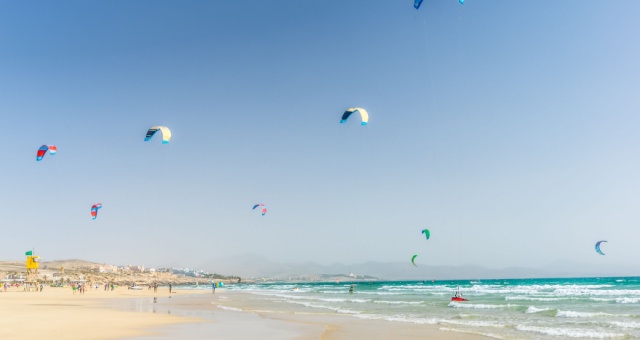 Kite surfers at Playa De Sotavento in Fuerteventura, Canary Islands, Spain