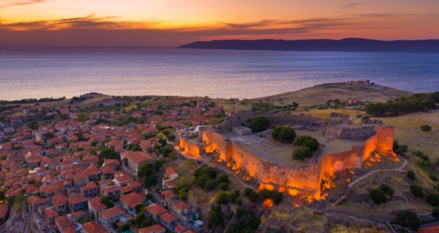 Molyvos town and castle in Lesbos island, Greece, at sunset