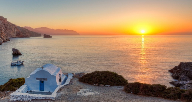 Sunset in Agia Anna beach in Amorgos island, Cyclades, Greece