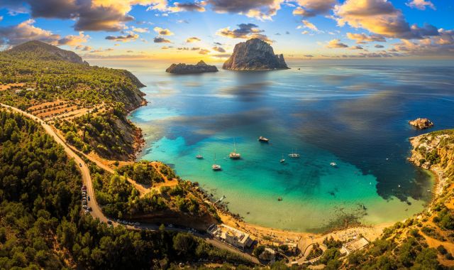 Aerial view of Cala d'Hort in Ibiza, Balearic Islands, Spain