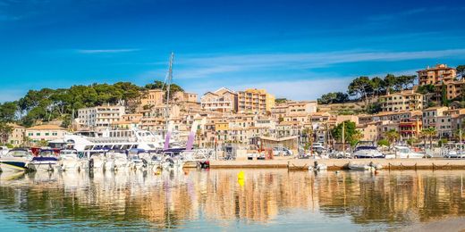 View of boats moored at Port Soller in Mallorca, Balearic Islands, Spain