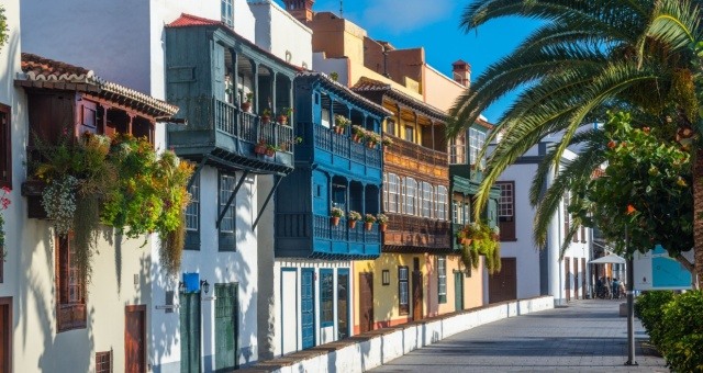 Wooden balconies of traditional houses in Santa Cruz de la Palma, Canary Islands, Spain