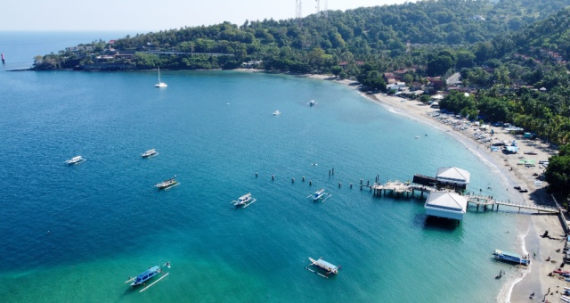 Boats docked at the coast of Senggigi in Lombok island, Indonesia