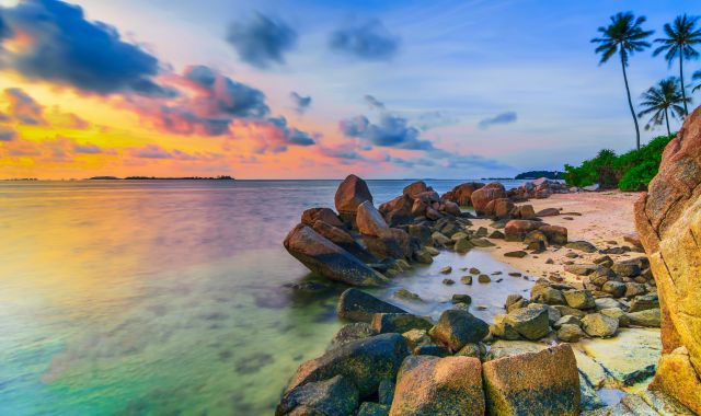 View of stone formation on Trikora Beach in Bintan, Indonesia