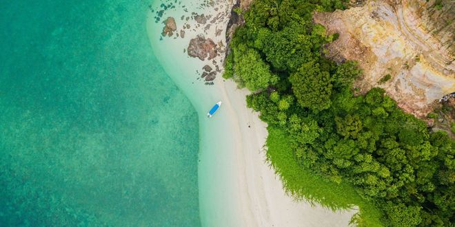 Aerial view of Lima Island or Pulau Lima in Johor, Malaysia