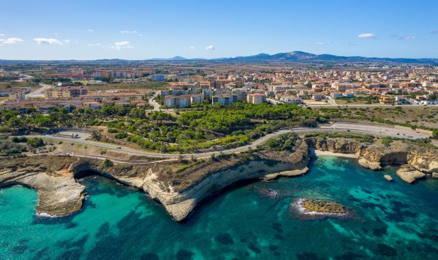 Aerial view of view Balai promenade and beaches in Porto Torres, Sardinia, Italy