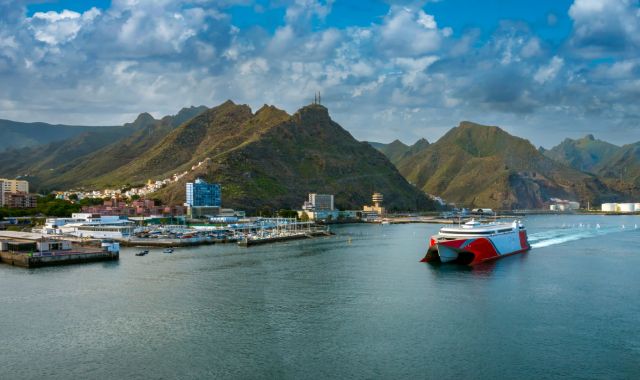 View of ferry arriving at Santa Cruz de Tenerife, Canary Islands, Spain