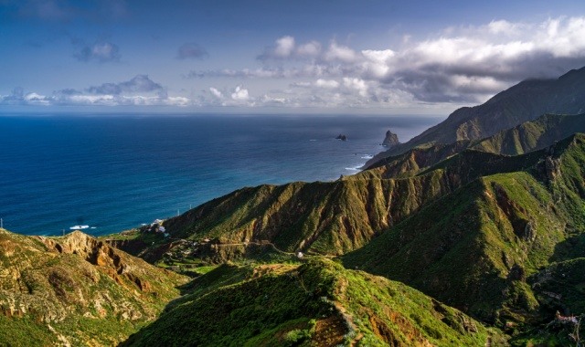 Aerial view of the mountain range and green valleys of Anaga Rural Park in Tenerife, Canary Islands
