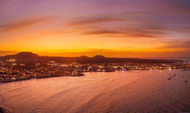 Panoramic view of Corralejo during sunset, Fuerteventura, Canary Islands, Spain