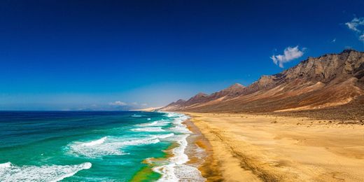 Blick auf Playa de Cofete auf Fuerteventura, Kanarische Inseln, Spanien