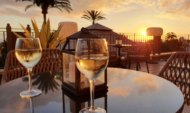 Glasses of wine during sunset in Tenerife, Canary Islands, Spain