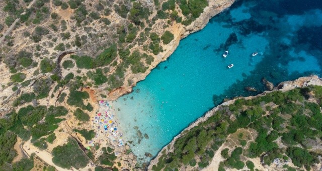 Aerial view of Caló des Moro beach in Mallorca, Spain