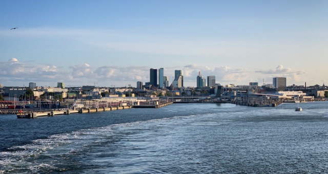View of Tallinn’s port and the city’s modern buildings visible behind it, Estonia