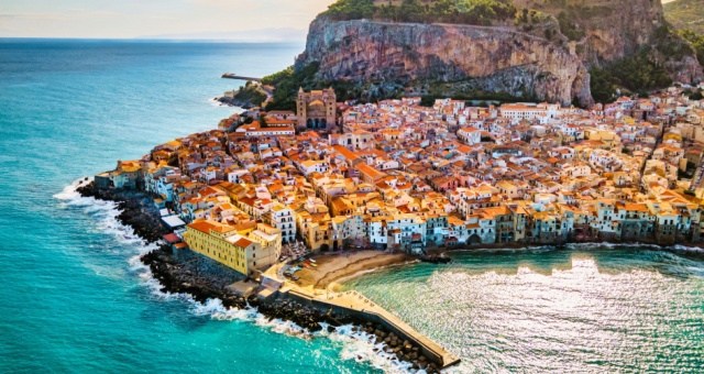 The old town of Cefalu village at sunset, Sicily