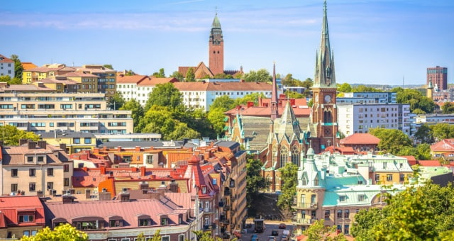 Colorful rooftops and church spires in Gothenburg, Sweden