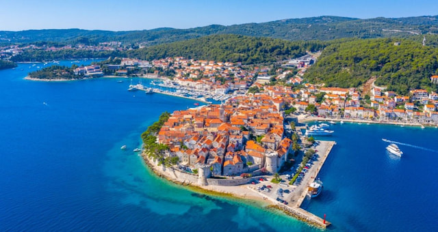 The medieval walled town of Korčula on its peninsula in Dalmatia, Croatia