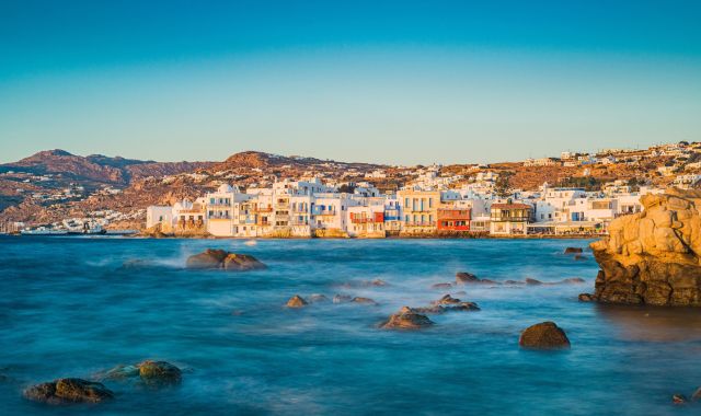 View of Little Venice from the sea in Mykonos, Cyclades, Greece