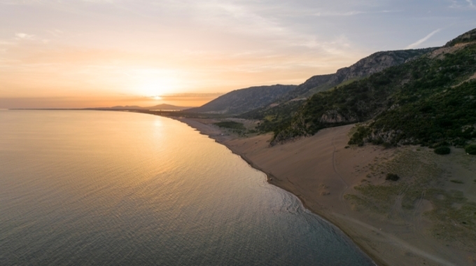 Sunset at Rana e hedhun beach in Shëngjin, Albania