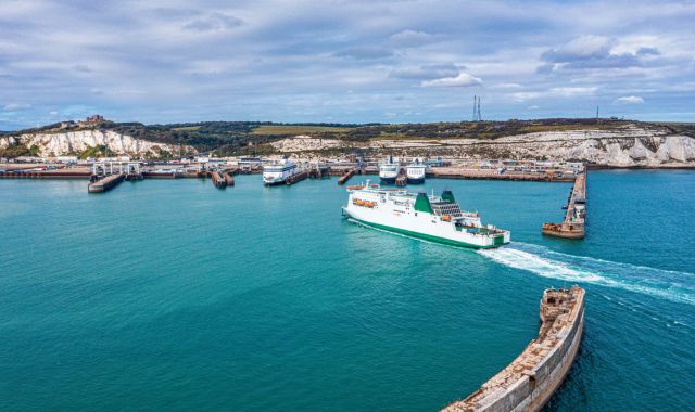 View of ferries in the English Channel and Dover in the distance