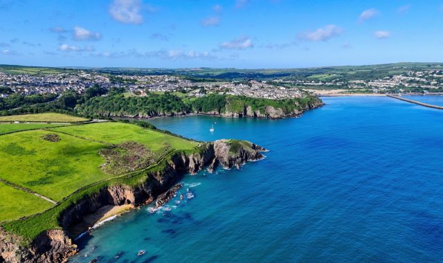 Panoramic view of the coastline at Fishguard in Wales, UK