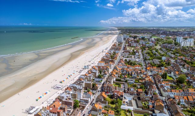 Panoramic view of beach and city of Dunkirk, France