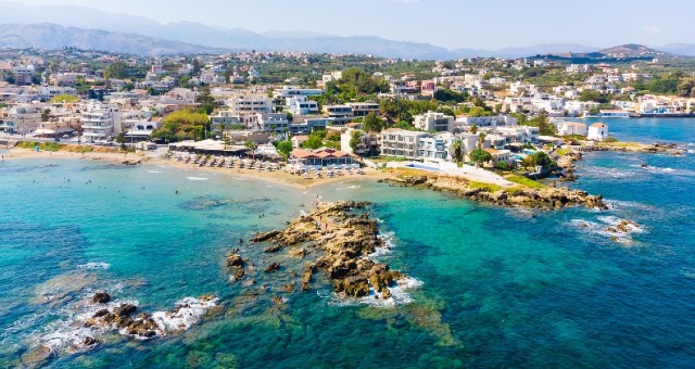 The beach and city of Chania in Crete, Greece