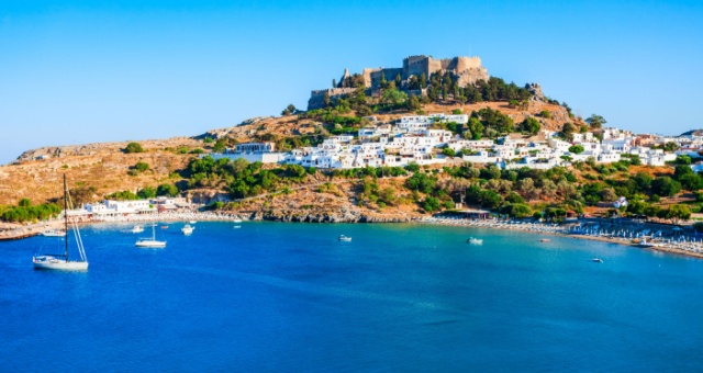 The Acropolis and beach of Lindos in Rhodes island, Greece
