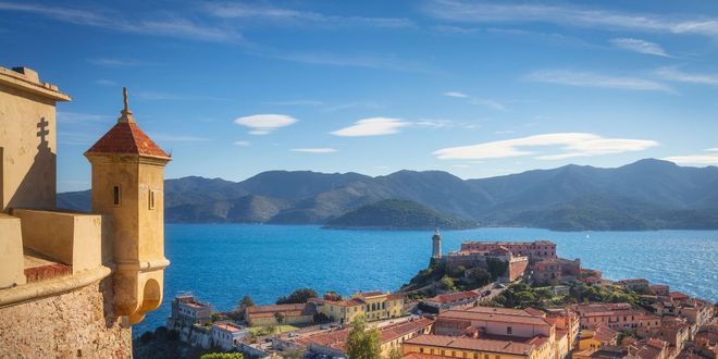 Panoramic view of Portoferraio from Forte Stella in Elba, Italy
