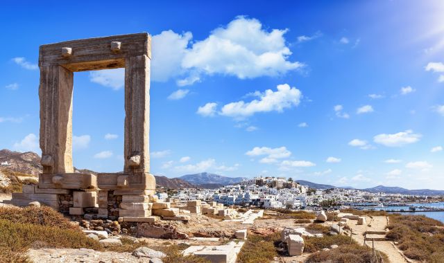 View of the ancient marble gate of Portara at Naxos, Cyclades, Greece