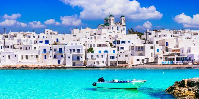 View of port at Naoussa in Paros, Cyclades, Greece