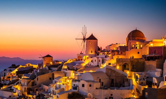 Sunset view of Oia in Santorini, Cyclades, Greece
