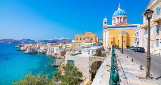 The neoclassical district of Vaporia and St. Nicholas church in Syros, Greece