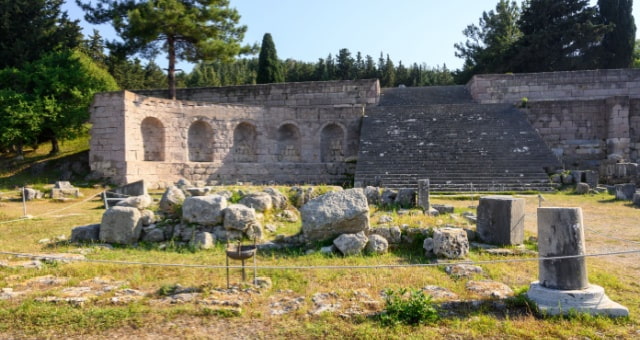 Stone ruins and ancient walls of the Asklepion archaeological site in Kos, Greece