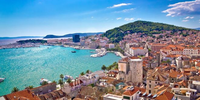 The waterfront and harbor of Split with Marjan Hill in the background, Croatia